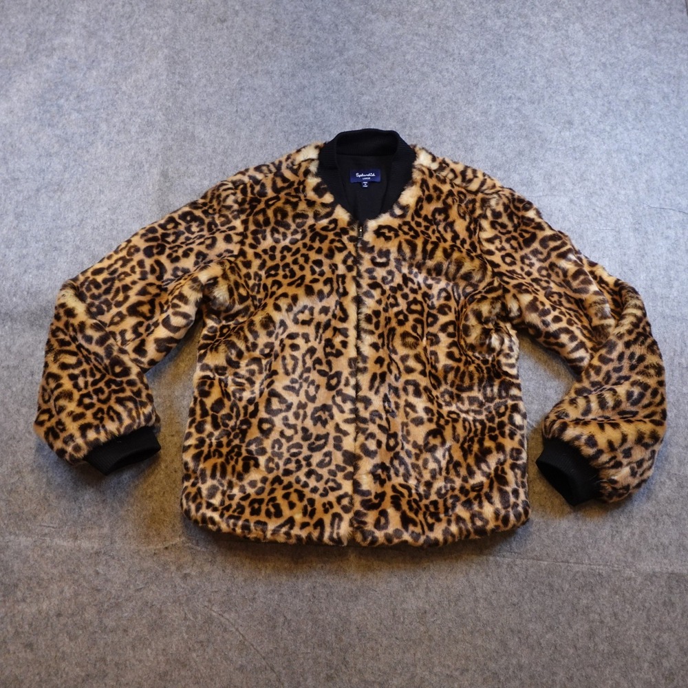 Splendid Jacket Women Large Brown Leopard Faux Fur Bomber Full Zip Glam Animal